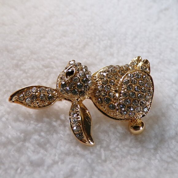 Lovely Rhinestone Rabbit Gold Brooch 2 1/4" - Picture 5 of 10